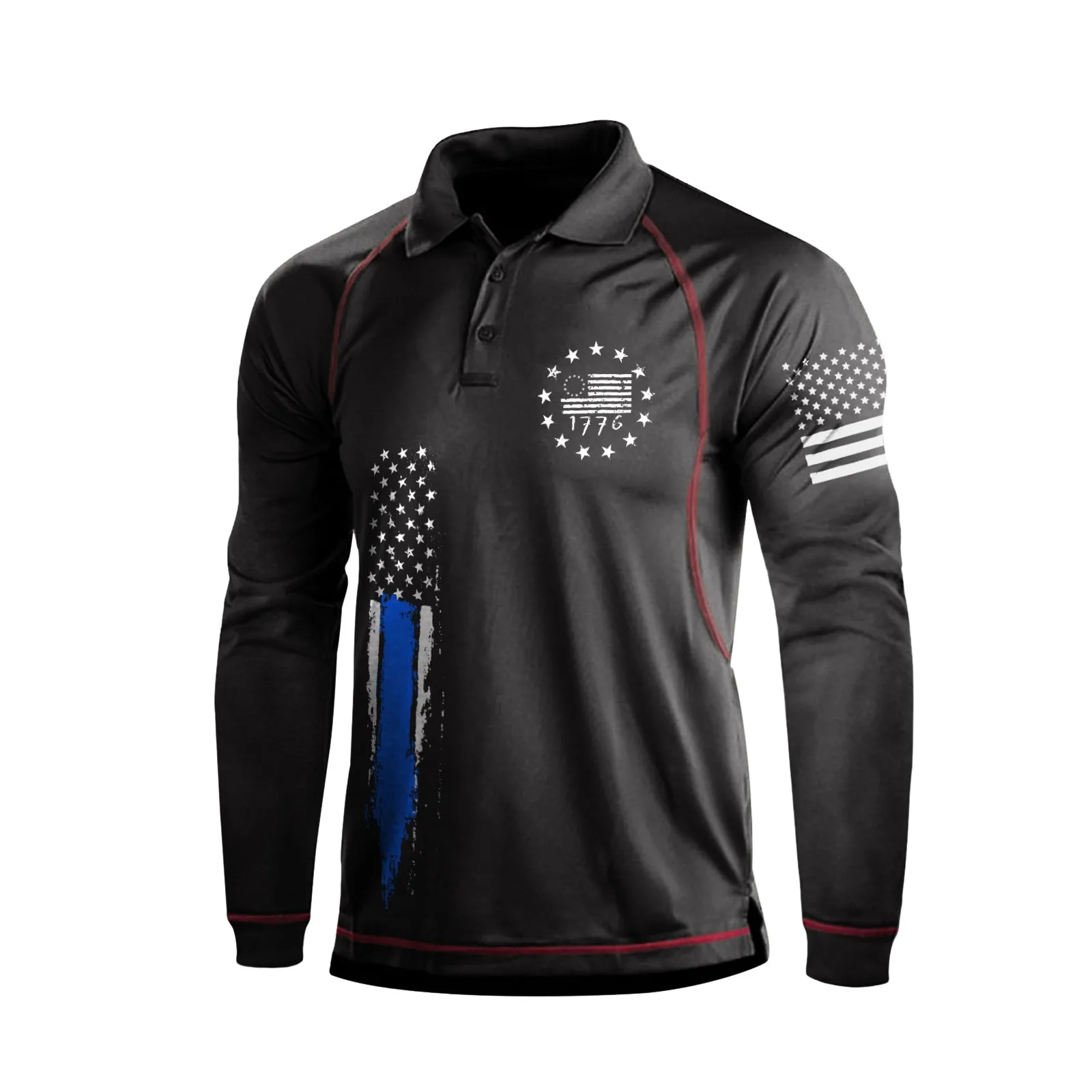 1776 USA FLAG RAGLAN GRAPHIC LONG SLEEVE POLO SHIRT