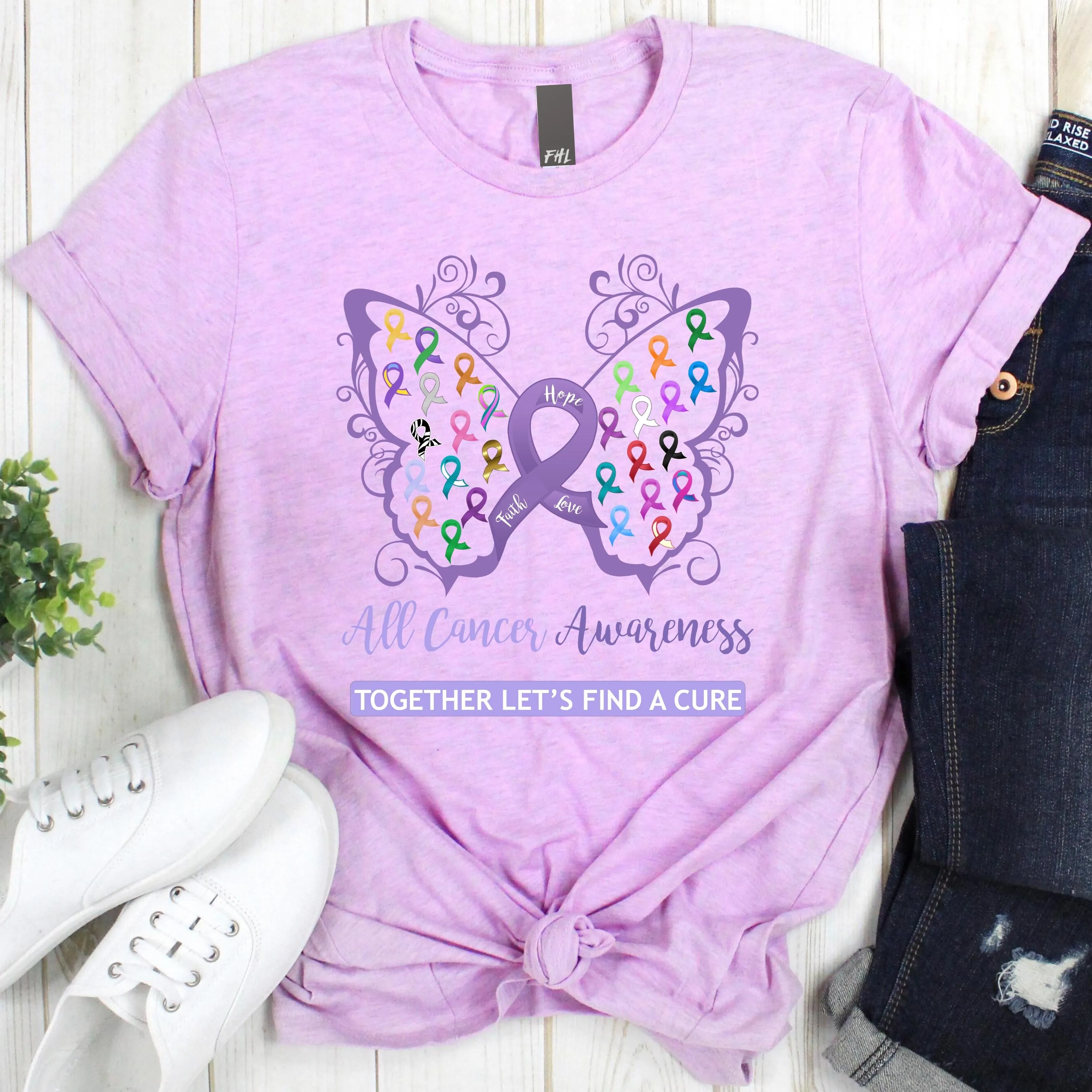 All Cancer Awareness Filigree Butterfly Heather Prism Lilac T-shirt