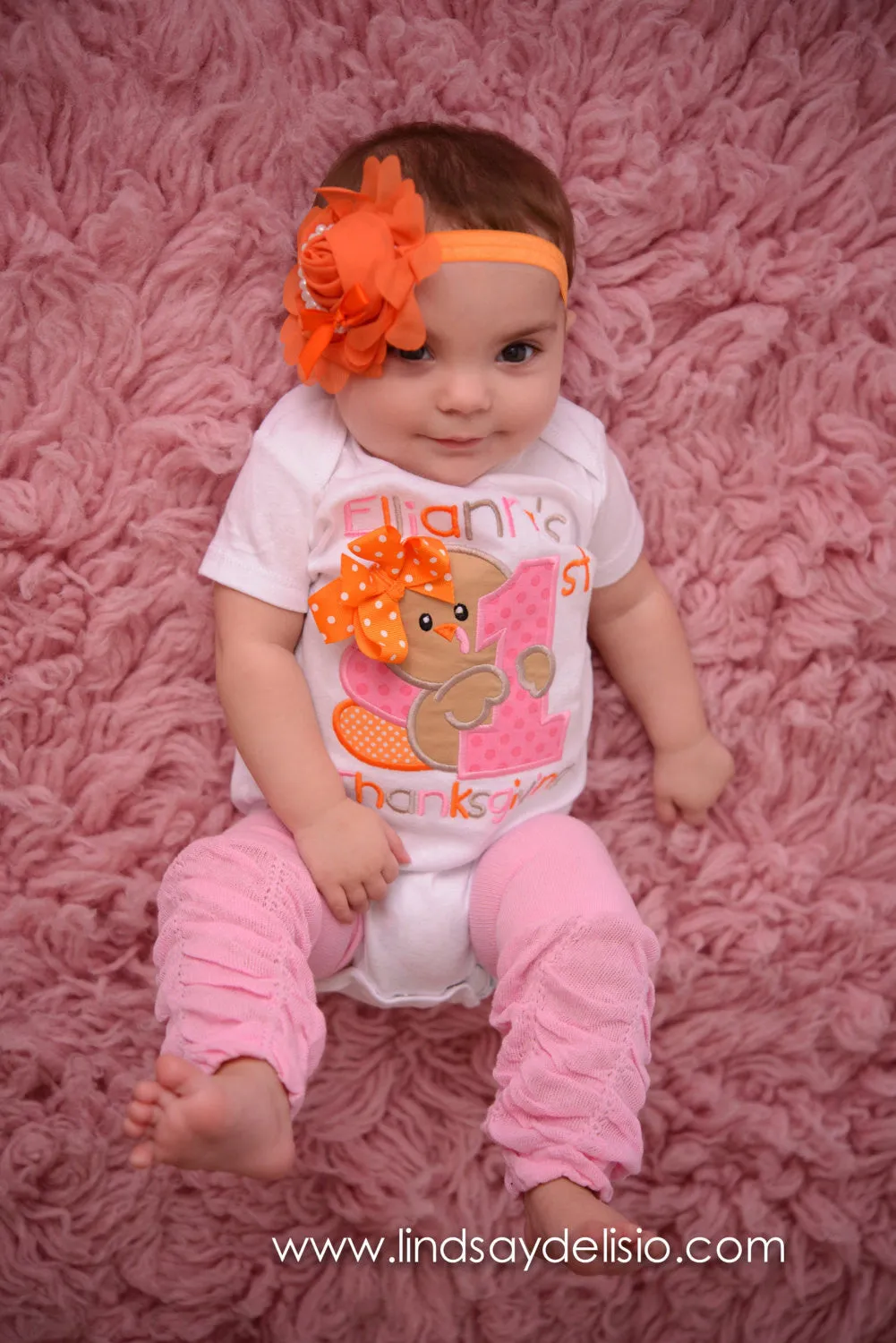 Baby Girl 1st Thanksgiving Outfit – Turkey Embroidered Bodysuit, Headband & Legwarmers Set Personalized with Name