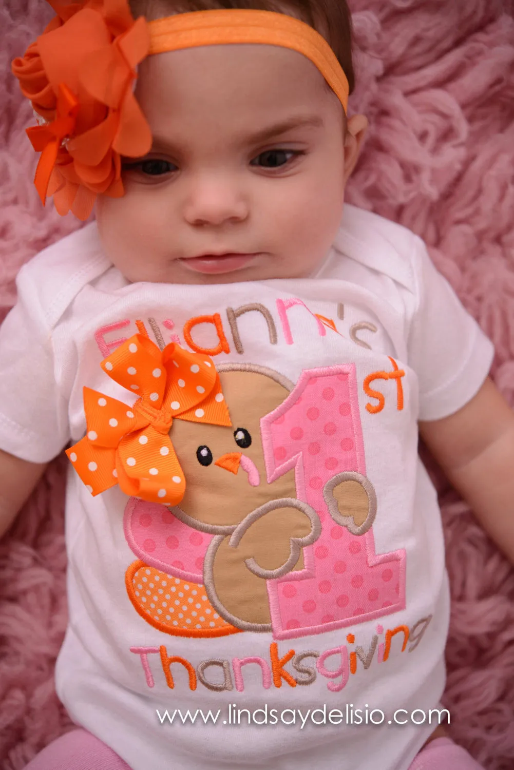 Baby Girl 1st Thanksgiving Outfit – Turkey Embroidered Bodysuit, Headband & Legwarmers Set Personalized with Name