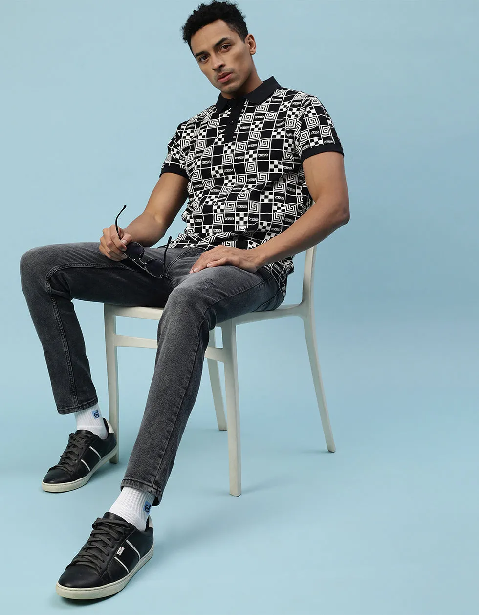 Black Box All Over  Geometric Printed Polo Tshirt