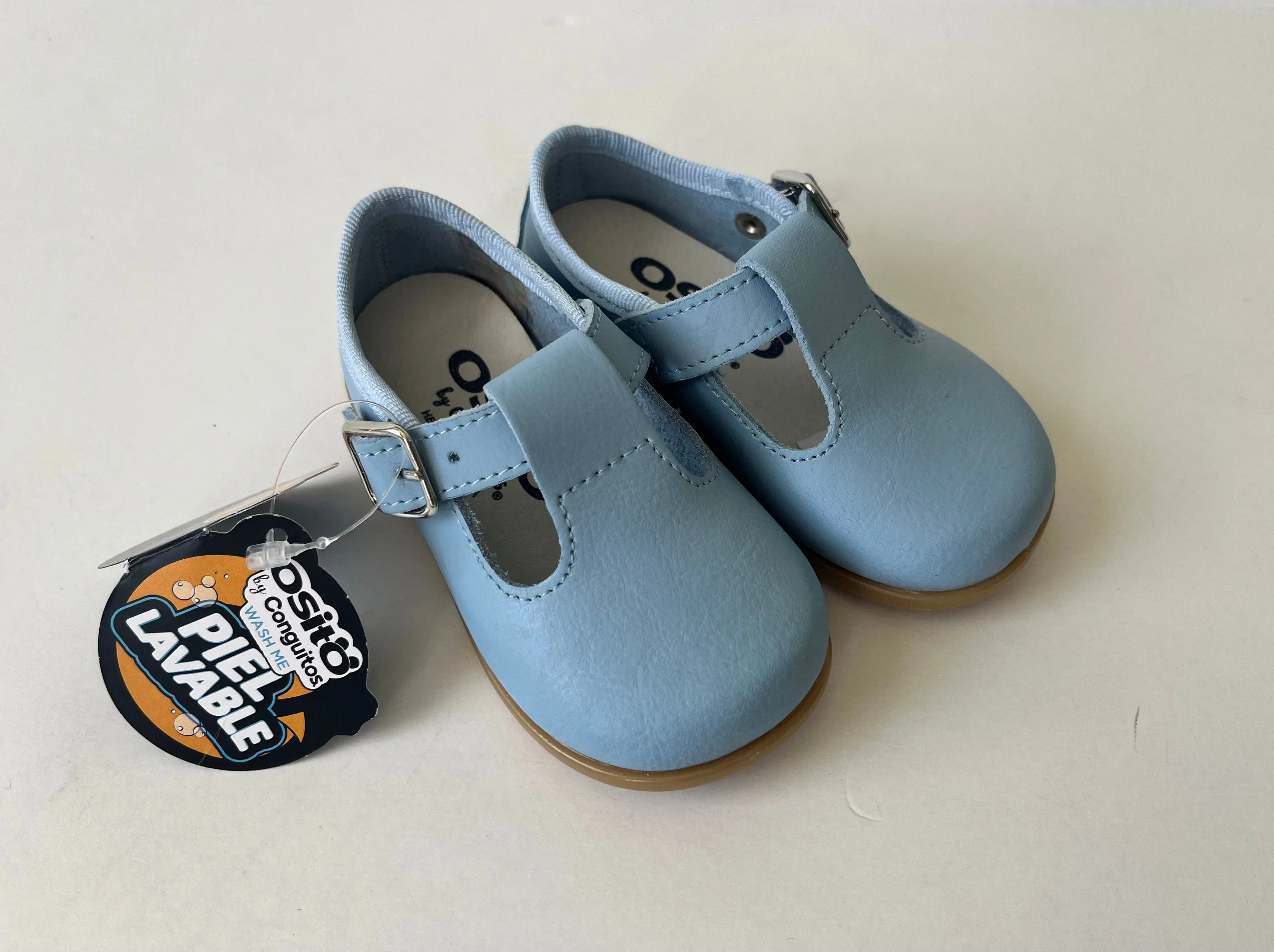 Blue leather tstrap shoe