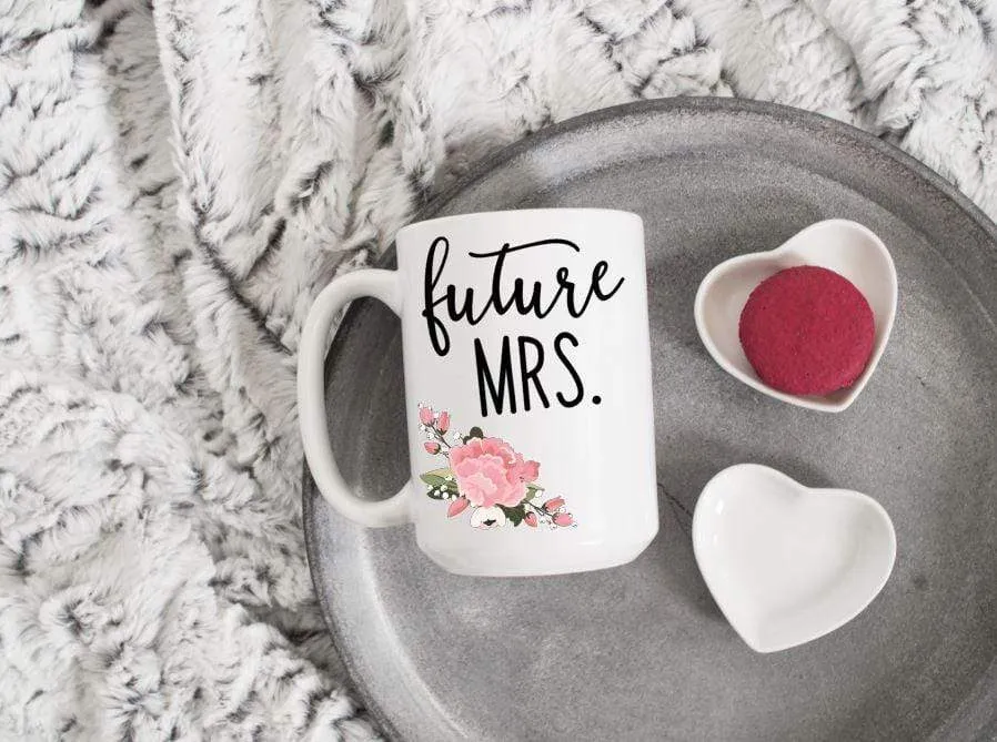 Future Mrs. floral ceramic coffee mug for newly engaged or bridal gift