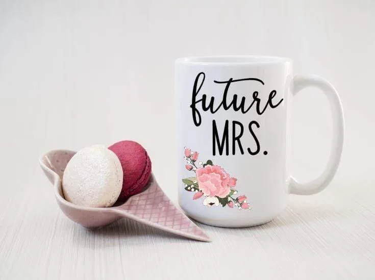 Future Mrs. floral ceramic coffee mug for newly engaged or bridal gift