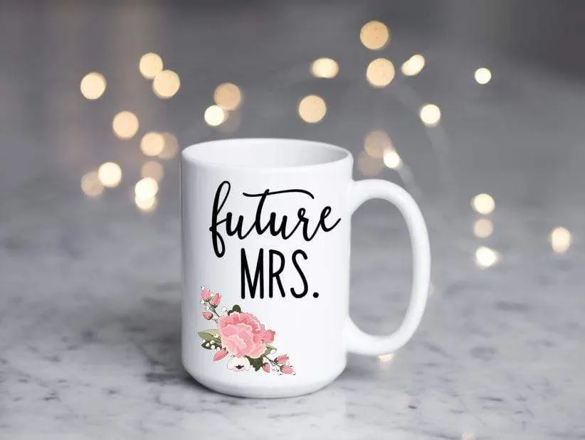 Future Mrs. floral ceramic coffee mug for newly engaged or bridal gift