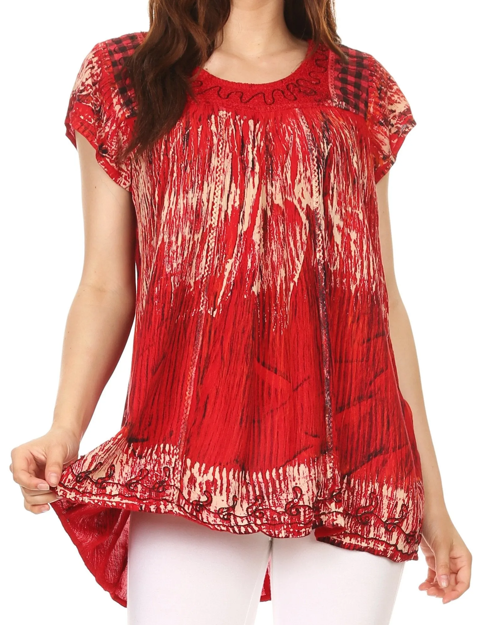 Sakkas Maritza Short Sleeve Batik Top with Crochet Embroidery and Sequins