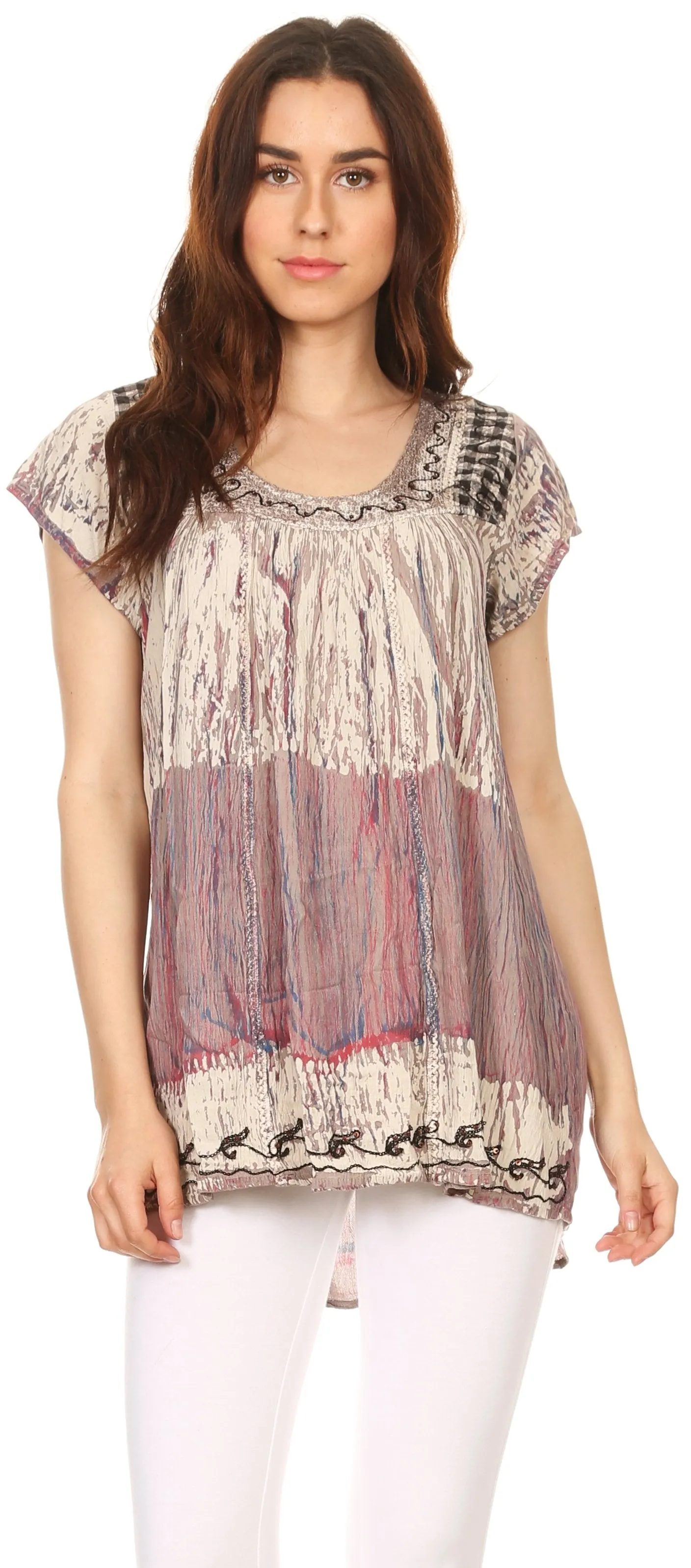 Sakkas Maritza Short Sleeve Batik Top with Crochet Embroidery and Sequins