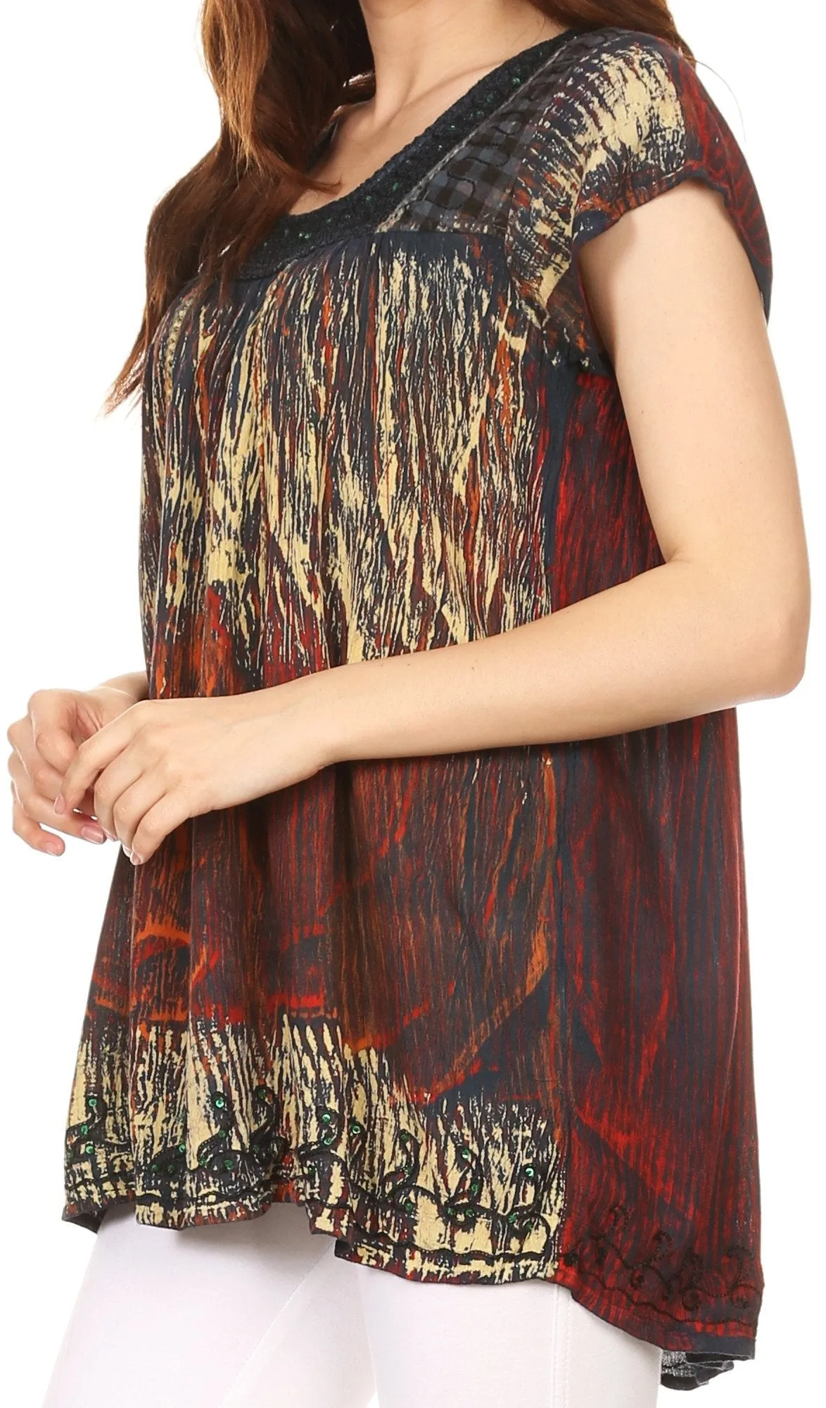 Sakkas Maritza Short Sleeve Batik Top with Crochet Embroidery and Sequins