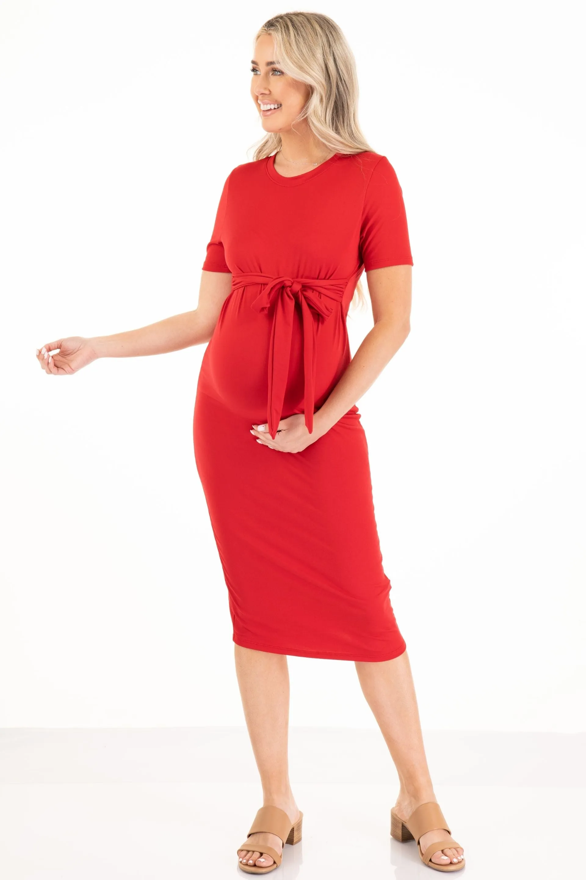 Short Sleeve Bodycon Maternity Dress With Adjustable Belt