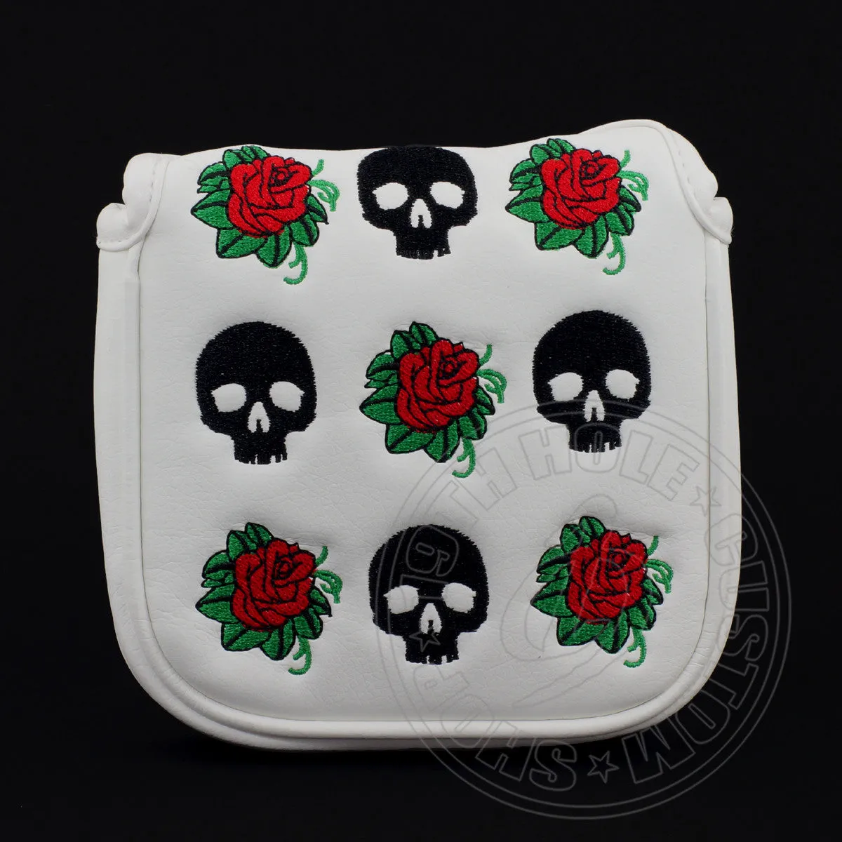 Skull and Roses High MOI Mallet Putter Head cover, Heel Shafted, White