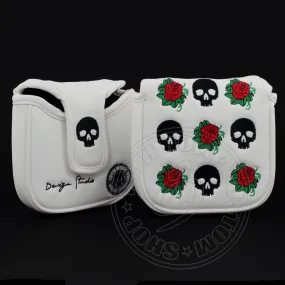 Skull and Roses High MOI Mallet Putter Head cover, Heel Shafted, White