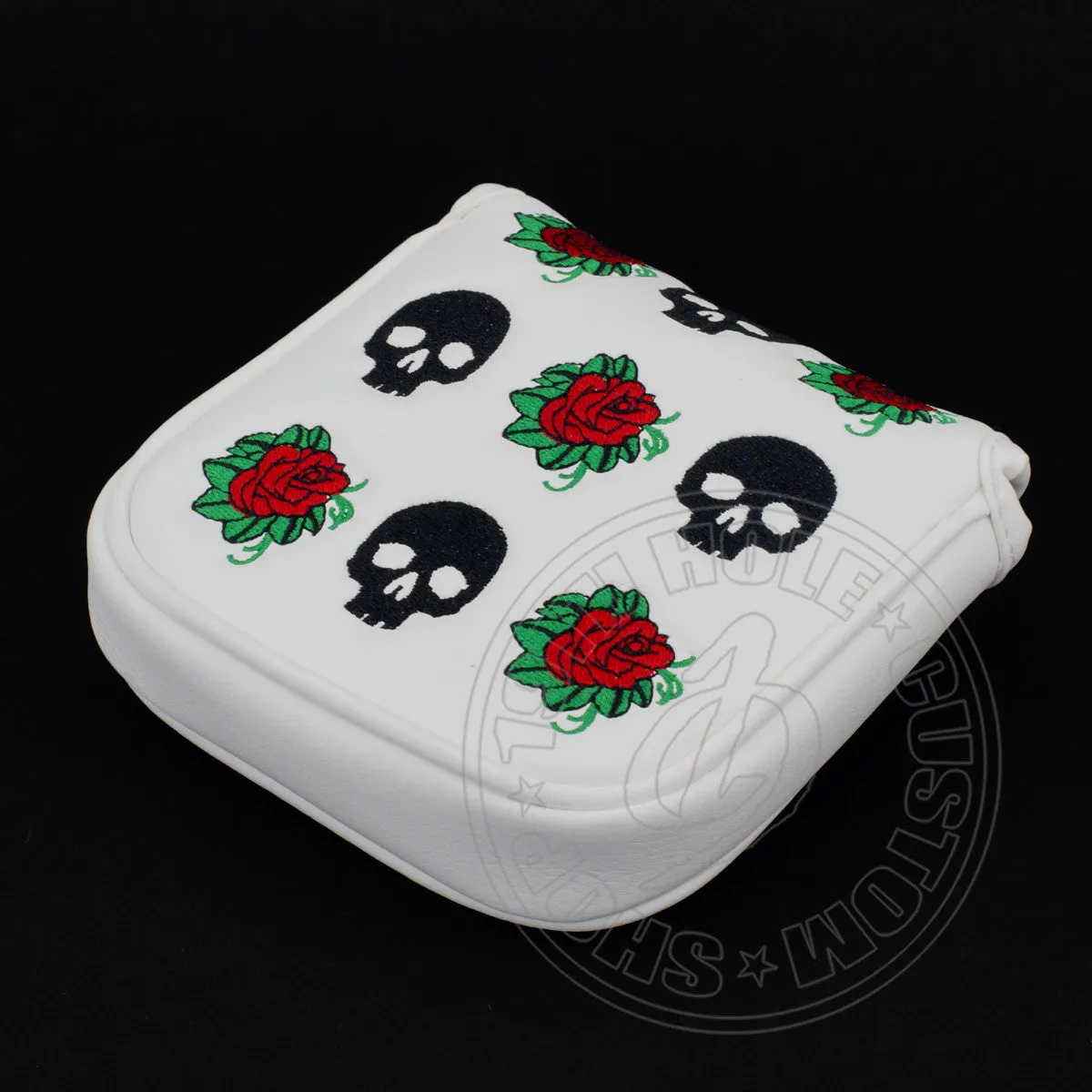 Skull and Roses High MOI Mallet Putter Head cover, Heel Shafted, White